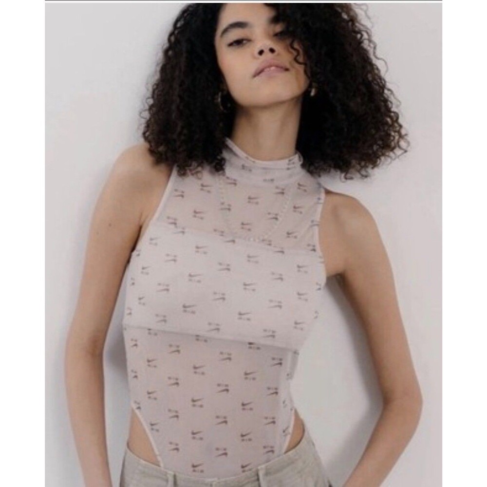 Nike Air Printed Mock Neck Bodysuit Taupe / Light Pink Womens Sheer Sz. XS
